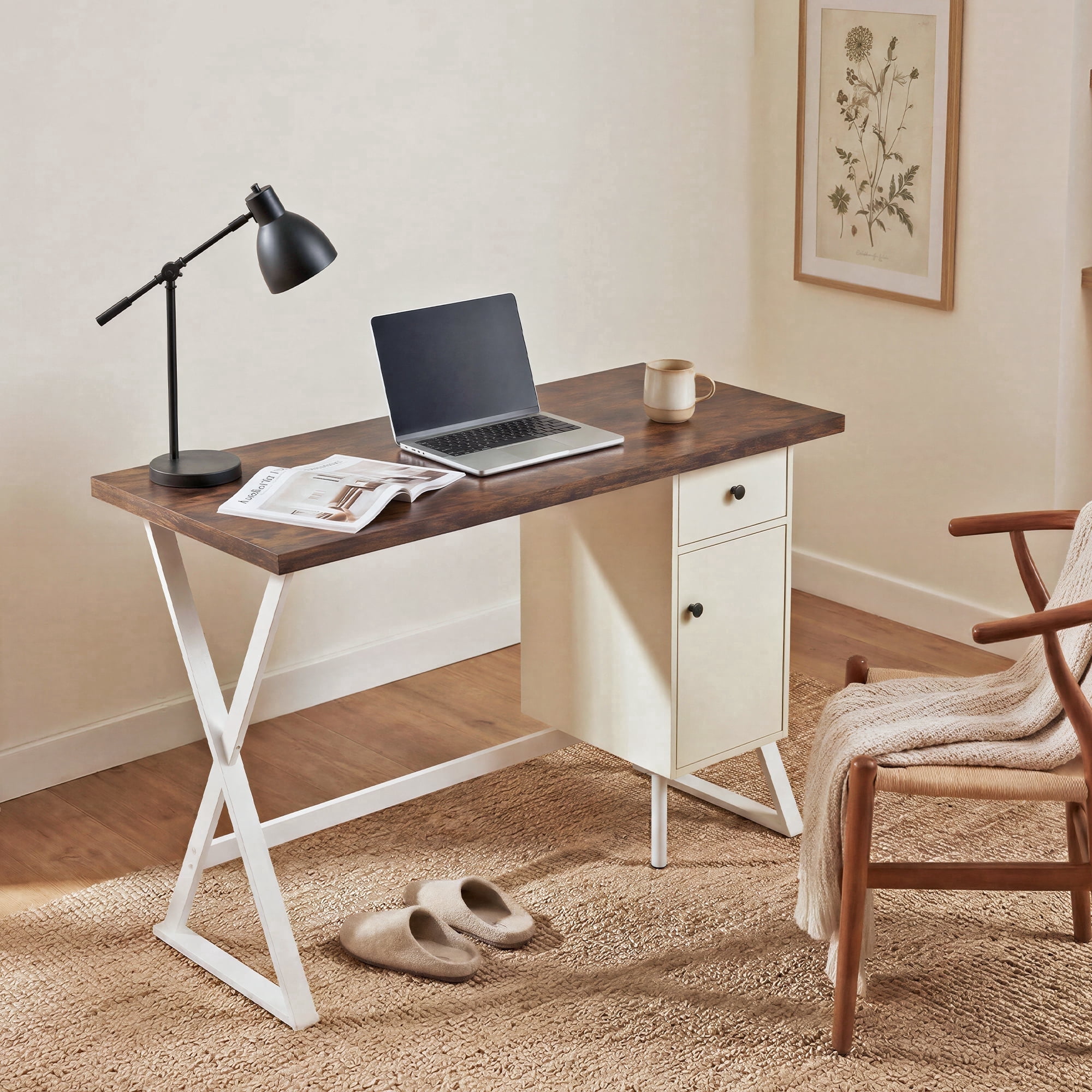 Manora Industrial Executive Desk with Drawer and Large Storage, Rustic Wooden Study Desk Workstation for Home Office