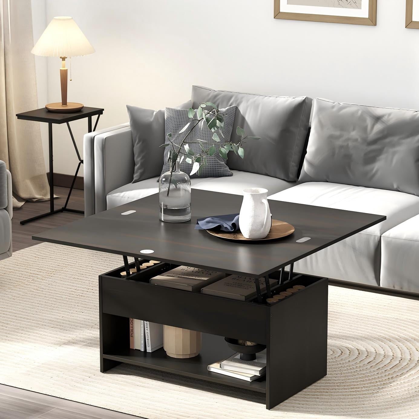 Manxile Rustic Lift Top Coffee Table, 4 in 1 Multi-Function Convertible Coffee Table with Hidden Storage for Living Room, Black&Brown