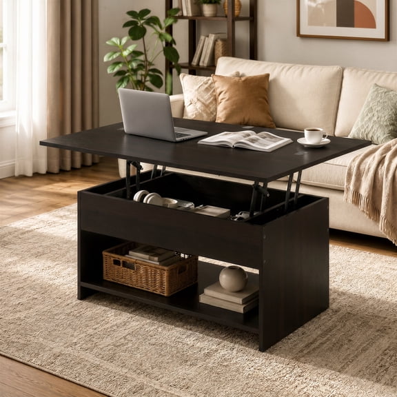 Manxile Rustic Lift Top Coffee Table, 4 in 1 Multi-Function Convertible Coffee Table with Hidden Storage for Living Room, Black&Brown