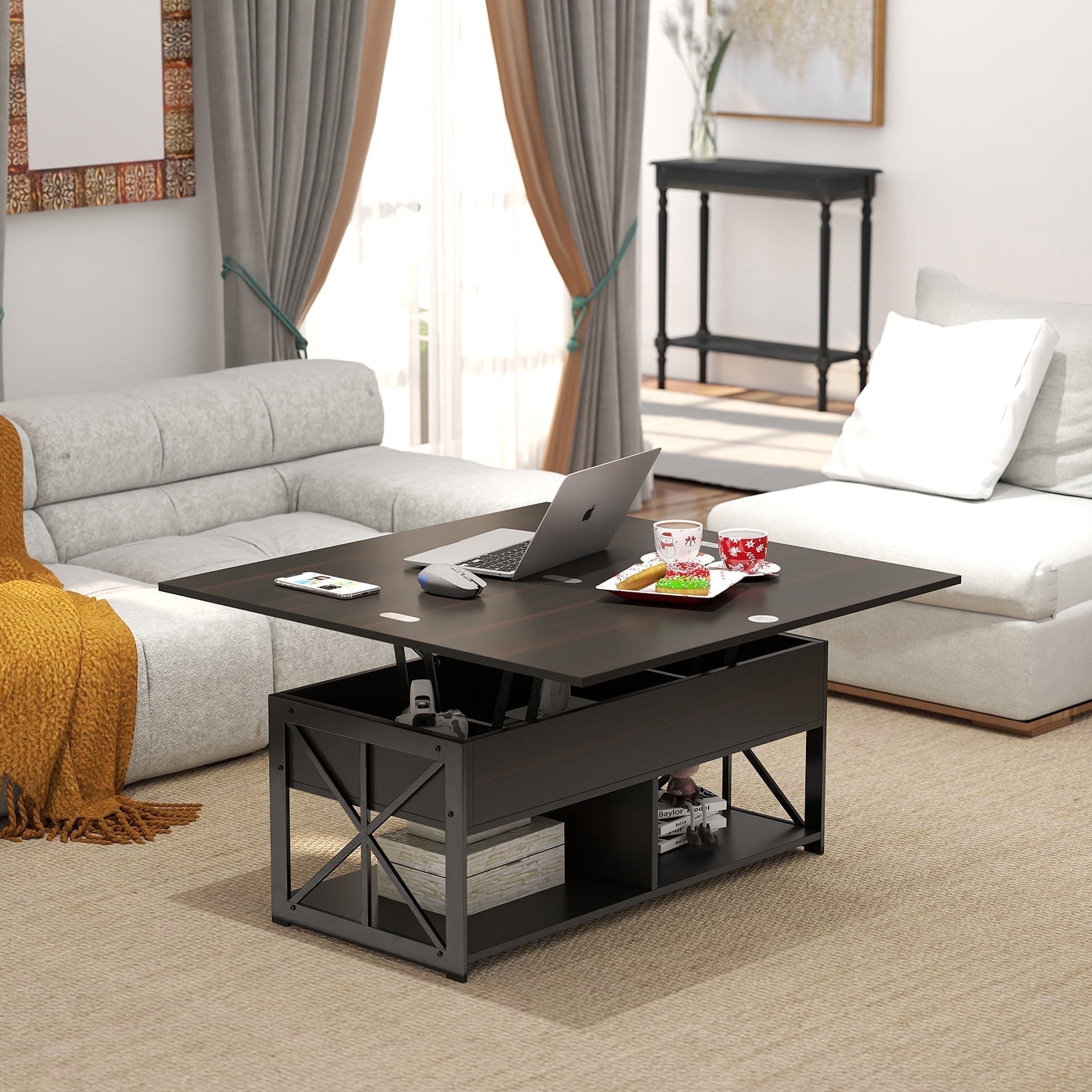 Manora Wood Lift Top Coffee Table with Storage, Rectangle Coffee Table with Hidden Compartments for Living Room