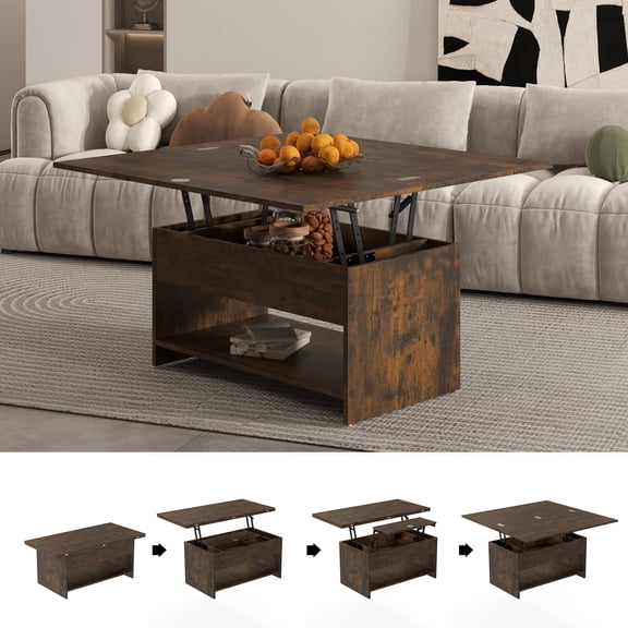 Manxile Rustic Brown Lift Top Coffee Table, 4 in 1 Multi-Function Convertible Coffee Table with Hidden Storage, Farmhouse Coffee Table for Living Room