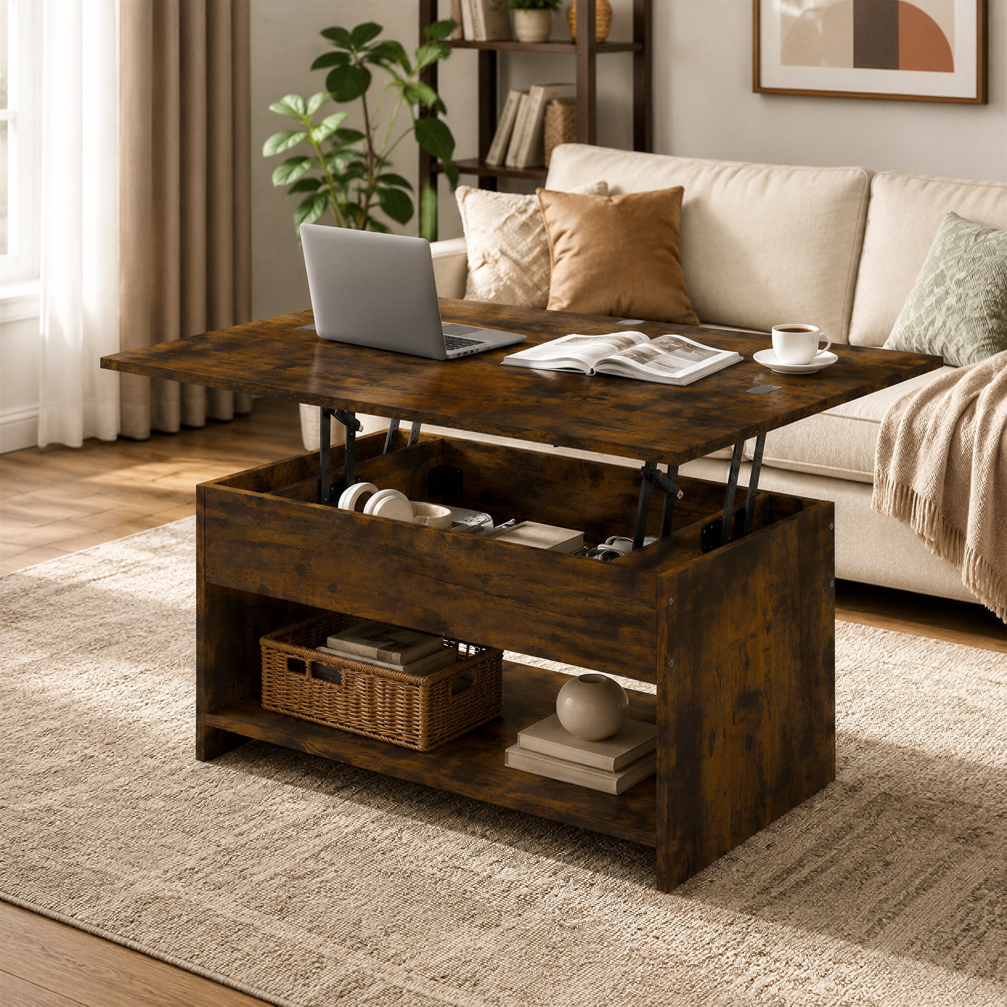 Manxile Farmhouse Lift Top Coffee Table, Wooden Coffee Table with Hidden Compartments and Shelves for Living Room
