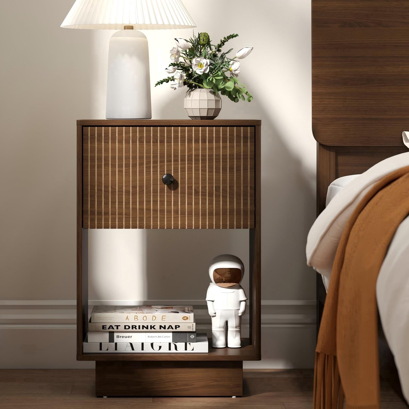 Manxile Fluted Nightstand, Bedside Table with Drawer and Storage Shelf, Mid Century Modern Side Table for Bedroom Living Room,Walnut