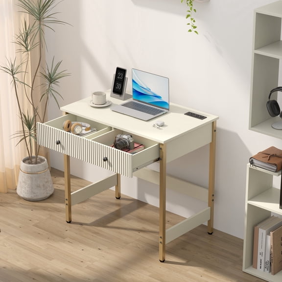 Manora Mid Century Computer Desk with USB Ports & Power Outlet, Modern Study Table with Drawers,White