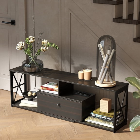 Manora Mid-CenturyTV Stand Entertainment Center Wooden Media Console for Living Room, Black Brown
