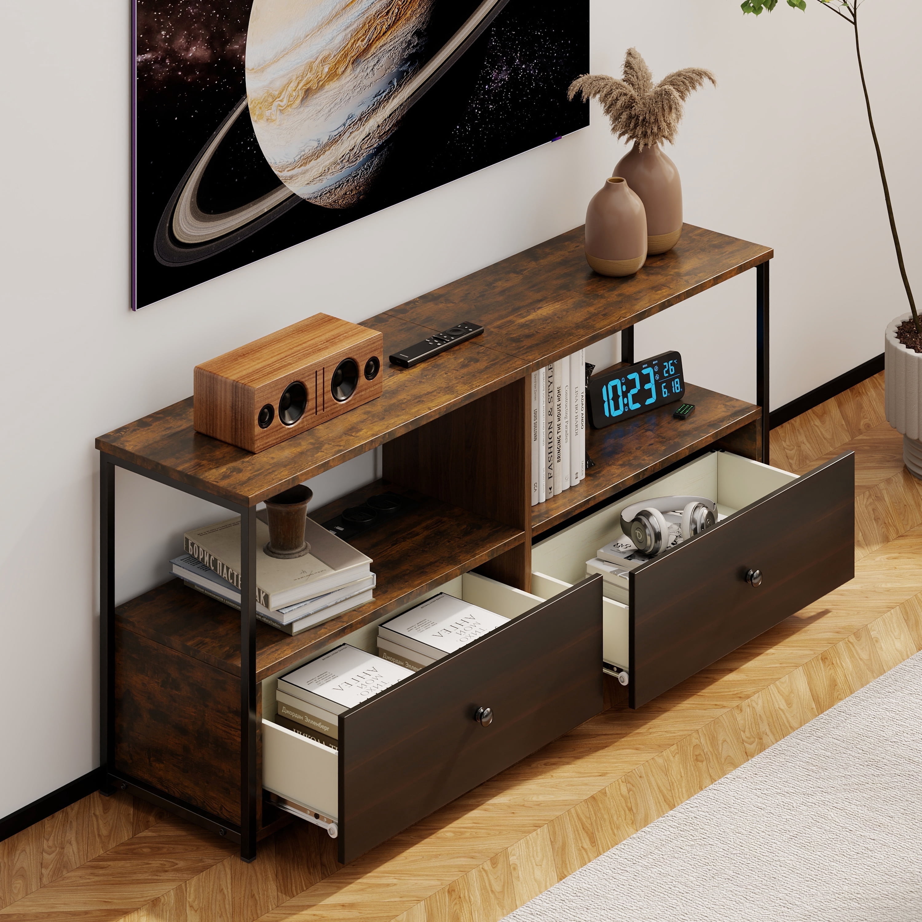 Manora Mid Century TV Stand for 55-60'' TVs, Media Console Table with Storage for Living Room, Brown