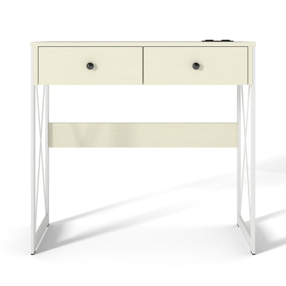 31.5 inch Small Desk with Drawers & Storage, Computer Desk,White Vanity Desk with Storage for Bedroom, Frame White Legs