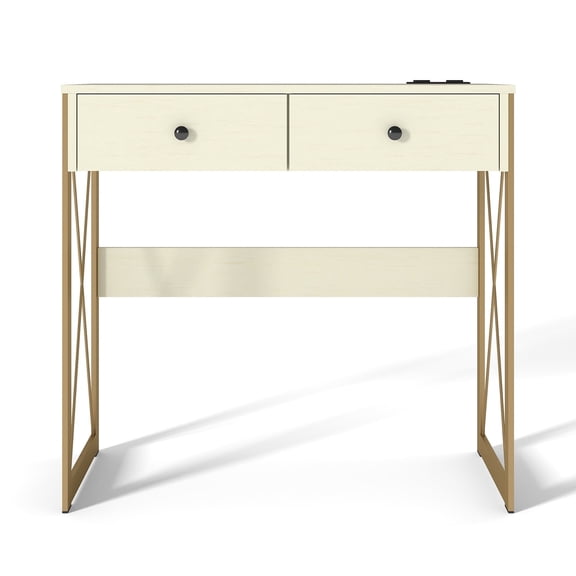 31.5 inch Small Desk with Drawers & Storage, Computer Desk,White Vanity Desk with Storage for Bedroom, Gold Frame Legs