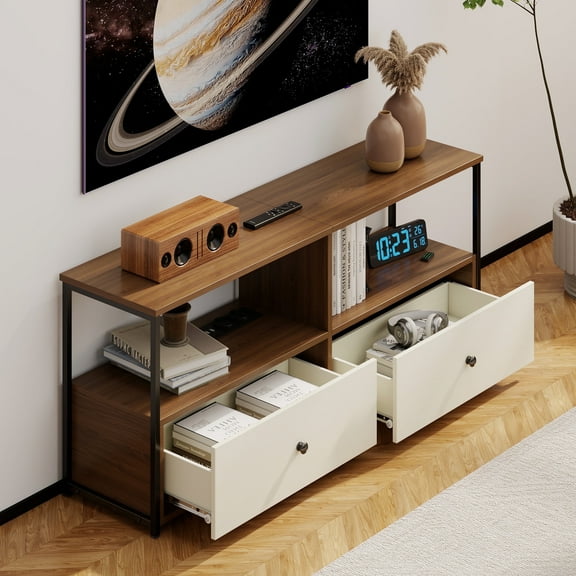 Manora TV Stand for TVs up to 65 Inch, Industrial Entertainment Center with Open Storage Shelves & Drawers, TV Media Console Table for Living Room, Bedroom, Walnut & White