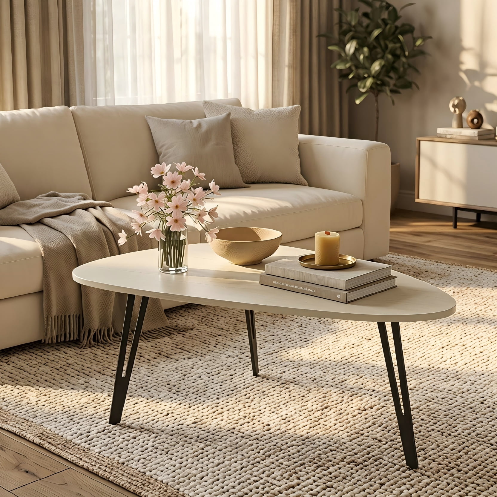 Manxile Modern White Coffee Table for Small Spaces, Triangle Coffee Table for Living Room,Home Office, Rustic White