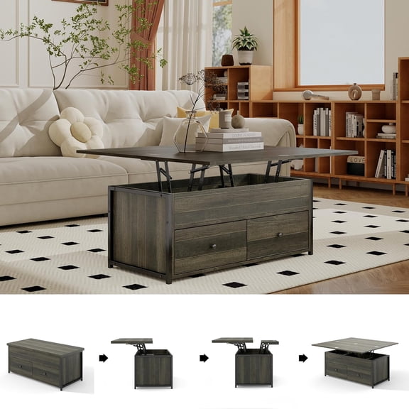 Manora Multi-Functional Lift-Top Coffee Table Convertible to Dining Table or Workstation, Rustic Wood Center Table with Hidden Storage, Compact Design for Living Room or Home Office, Gray