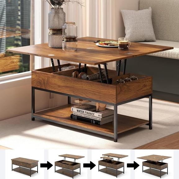 Manora Multi-Functional Lift-Top Coffee Table with Hidden Storage and Open Shelf, Convertible to Dining Table or Workstation, Center Table for Living Room or Small Spaces (Brown)
