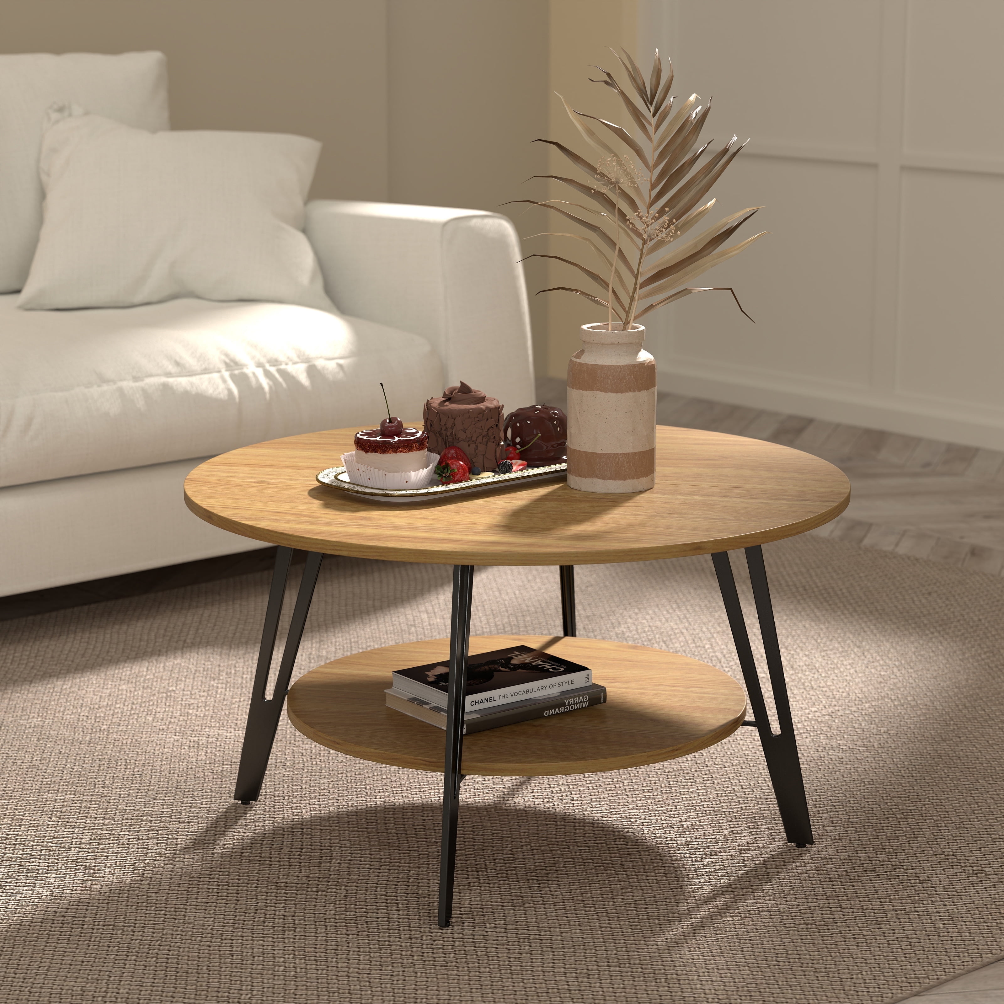 Manora Round Coffee Table with Storage 2-Tier Design, Vintage Coffee Table for Living Room, Natural
