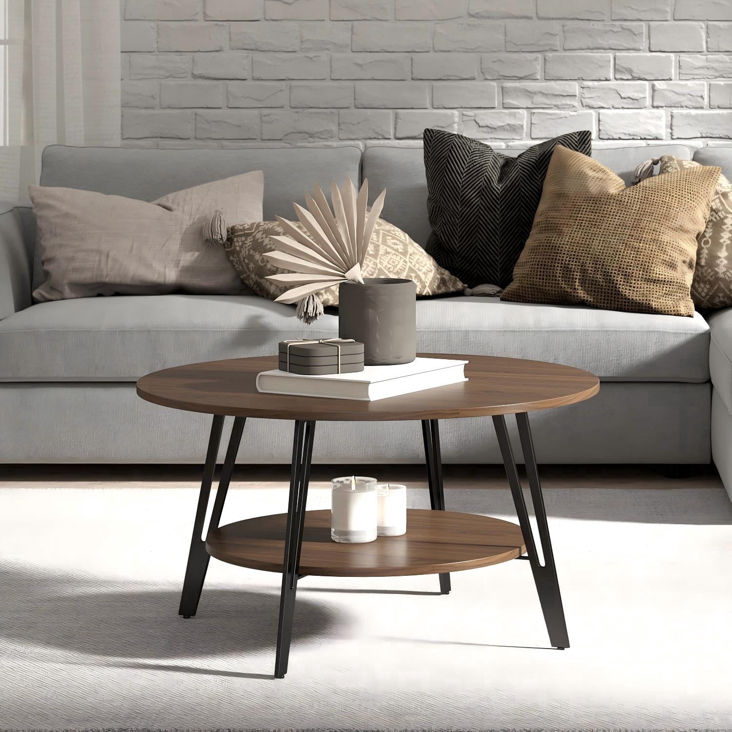 Manora Round Coffee Table with Storage 2-Tier Design, Vintage Coffee Table for Living Room, Walnut