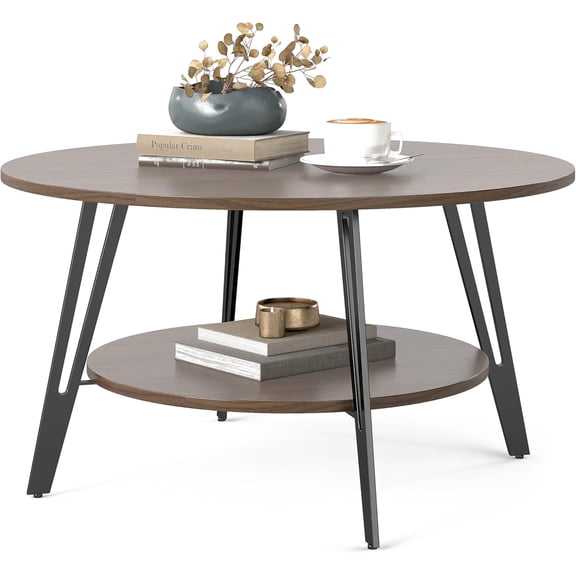 Manora Round Wooden Coffee Table for Living Room – 2 Tier Circle Center Table with Storage, Modern Industrial Small Coffee Table with Black Metal Legs, Walnut