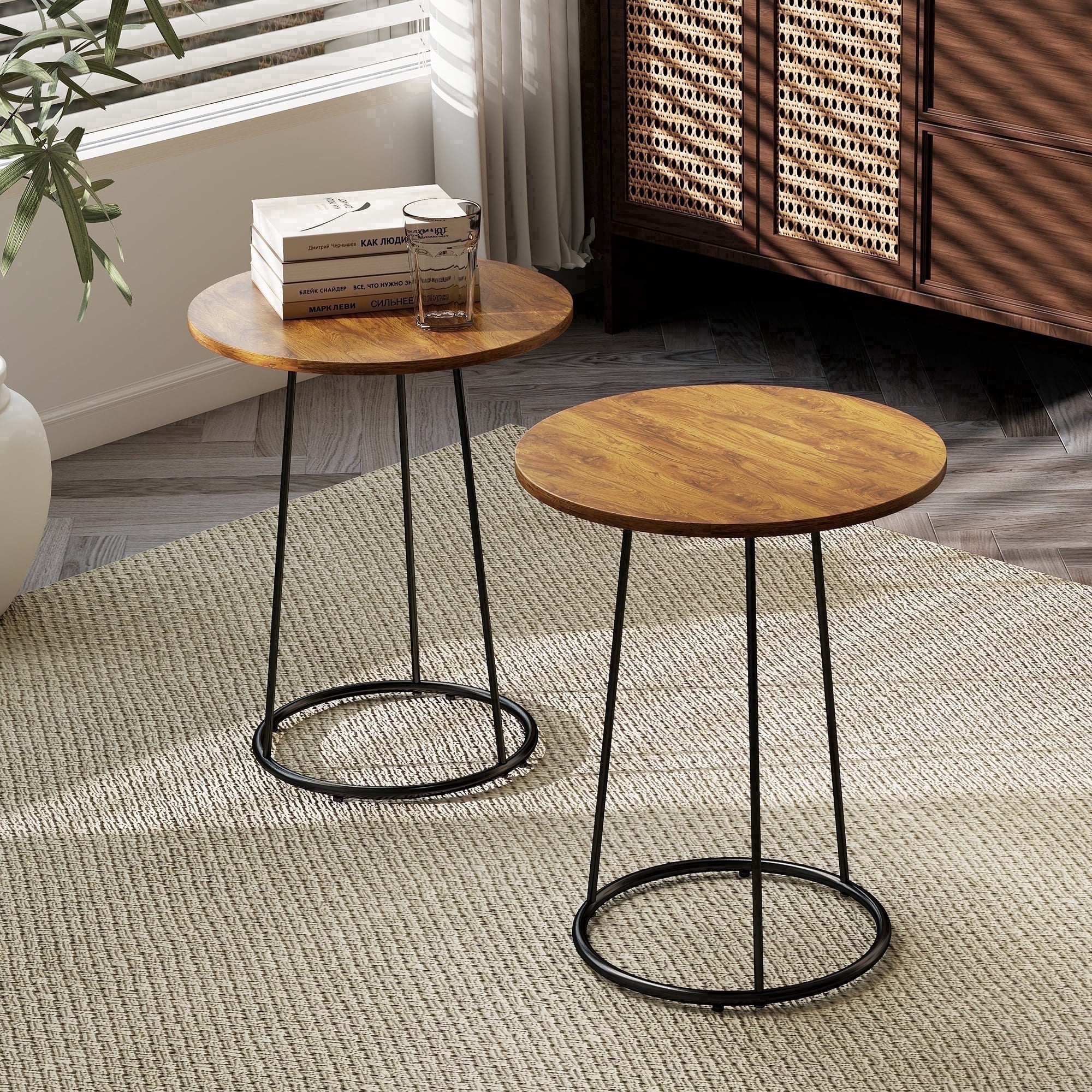 Manora Nesting Side Tables Set of 2, Round Rustic End Tables with Metal Frame, Modern Coffee Accent Tables for Living Room Bedroom Small Spaces, Brown