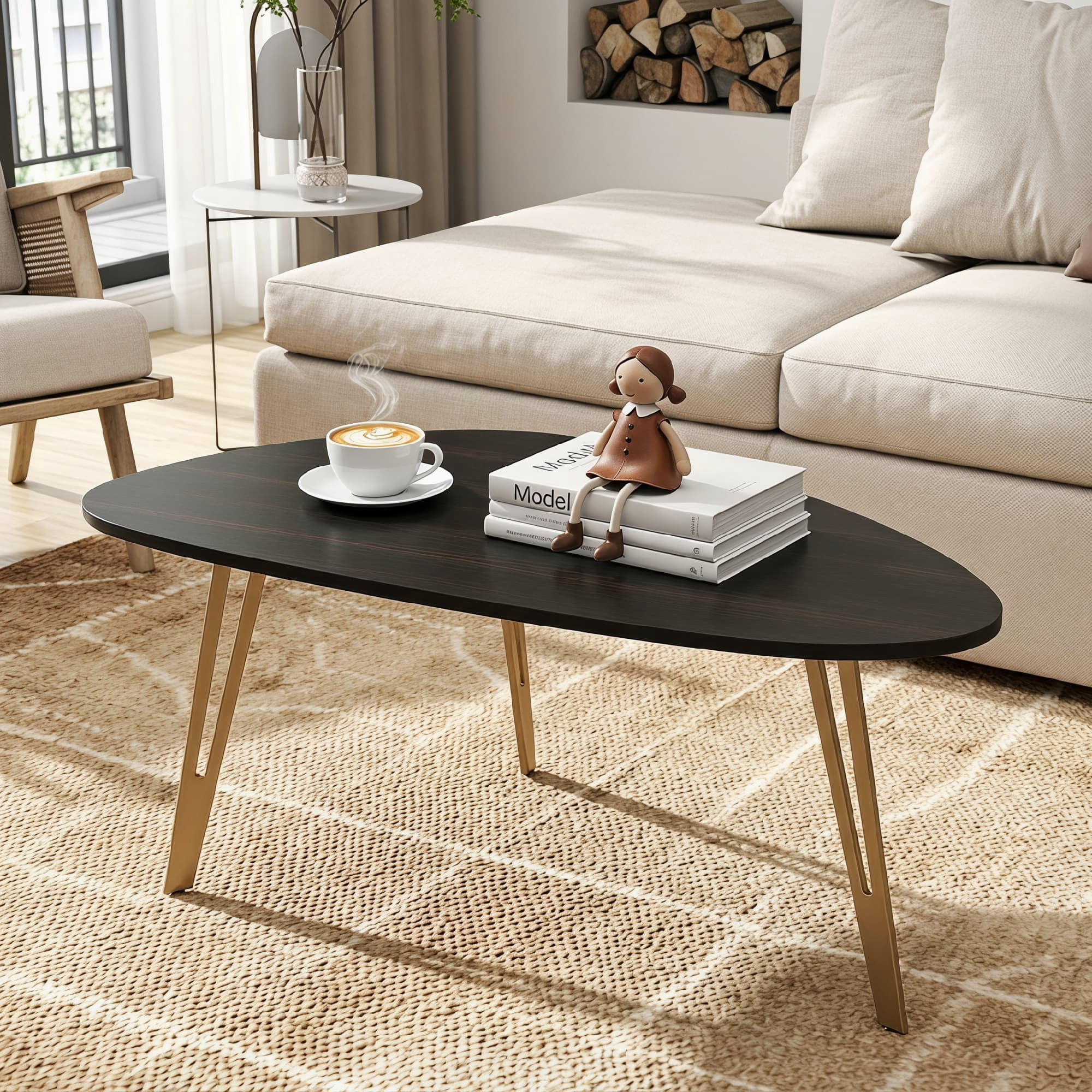 Manxile Tirangle Coffee Table with Golden Metal Legs, Modern Small Oval Coffee Table for Home Office, Black Brown Pattern
