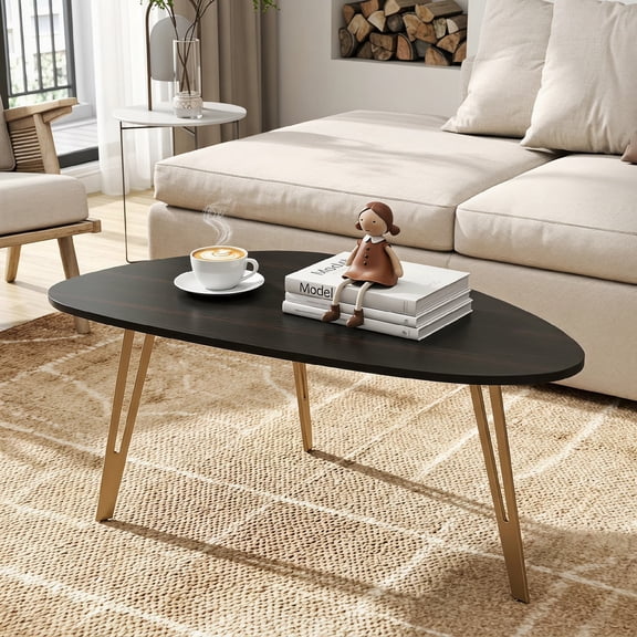 Manxile Tirangle Coffee Table with Golden Metal Legs, Modern Small Oval Coffee Table for Home Office, Black Brown Pattern