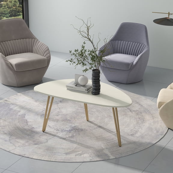 Manxile Modern Triangle Wood + Metal Coffee Table with One Coffee Table, Rustic White