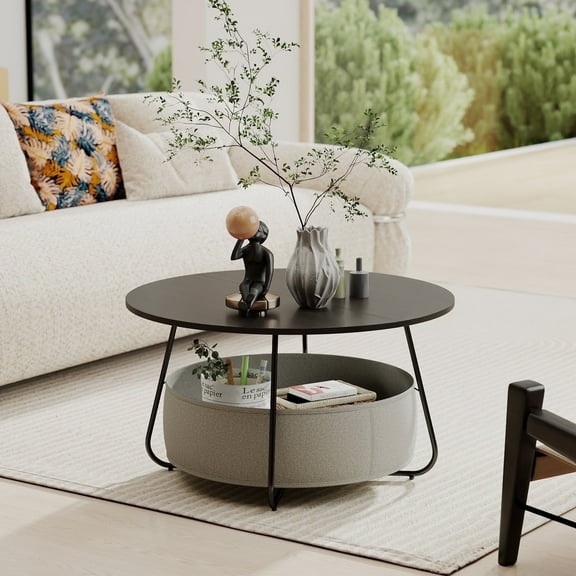 Manora Coffee Table with Fabric Basket Storage, Round Center Table for Living Room, Black & Brown