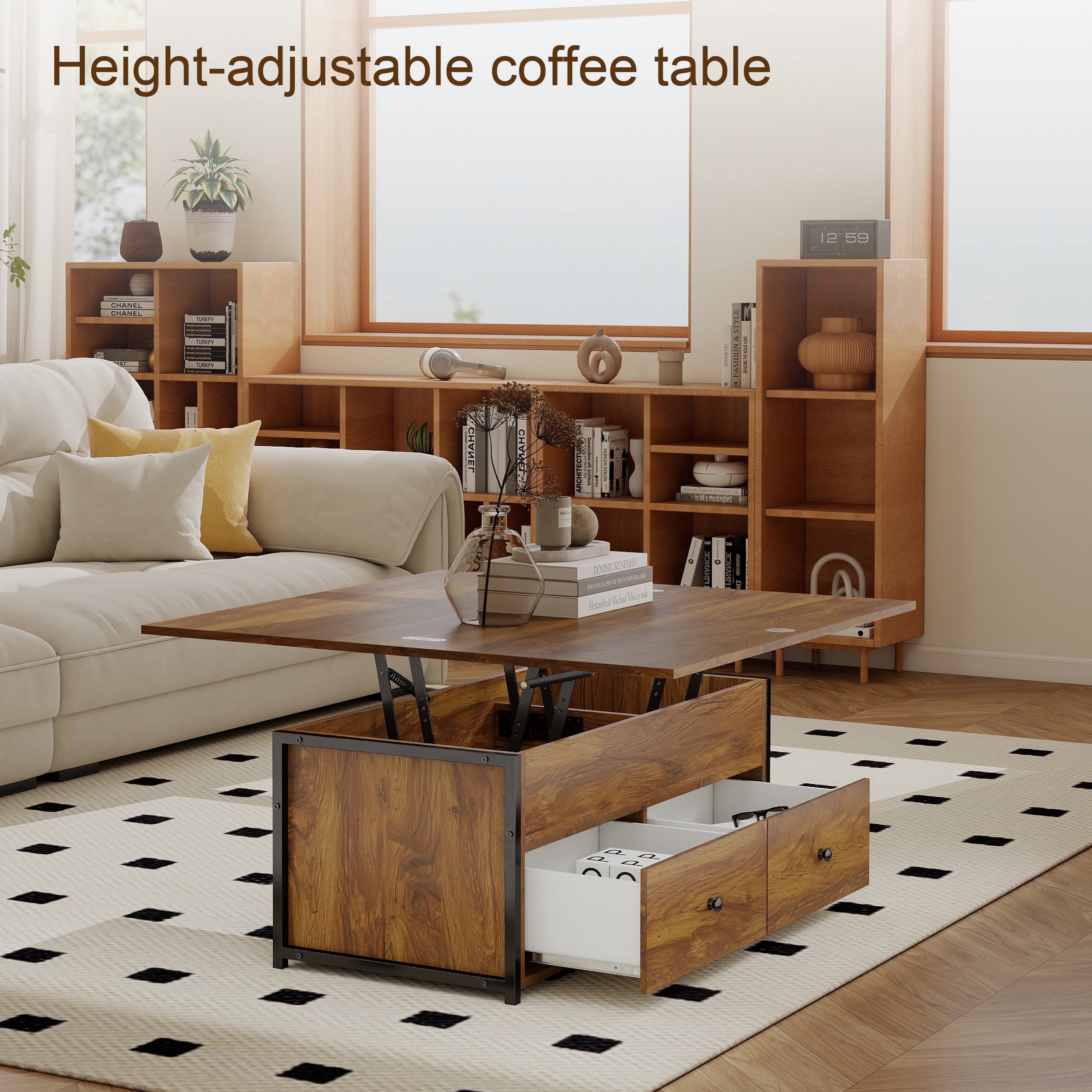 Manora Lift Top Farmhouse Storage Coffee Table with 2 Drawers, Brown