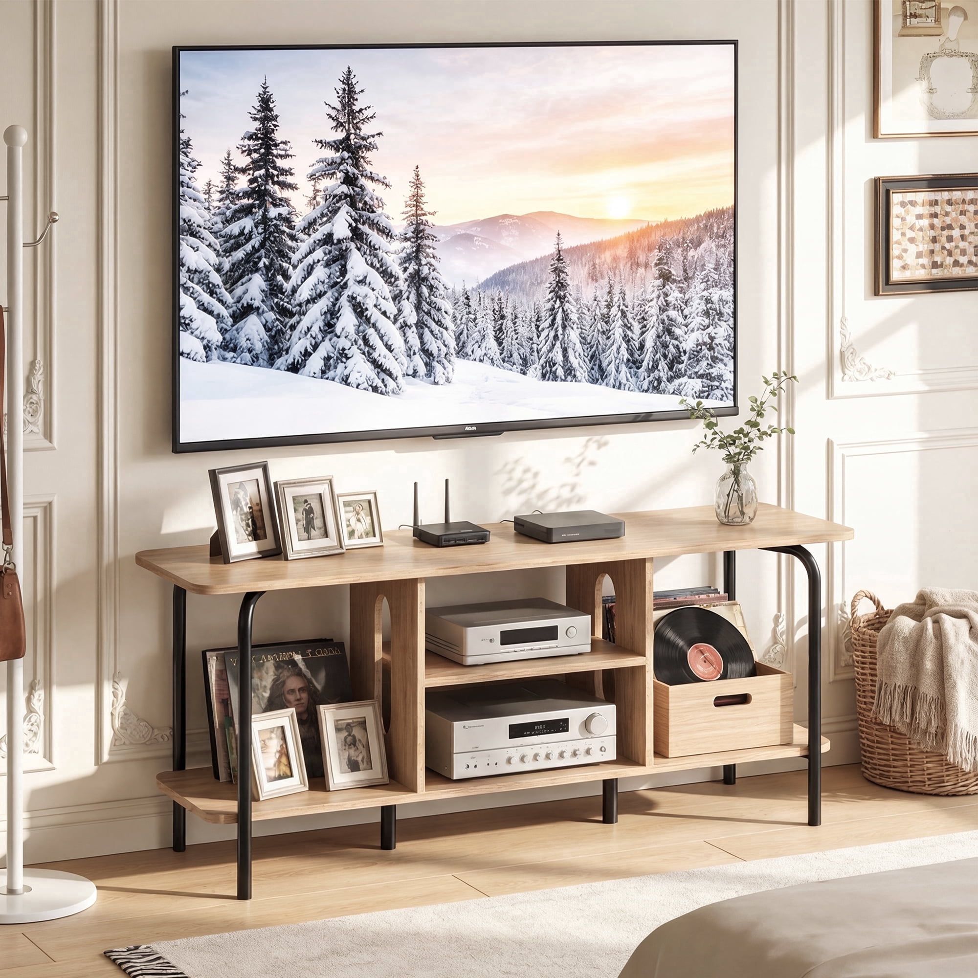 Manora  TV Stand for 55 inch, Modern Entertainment Center 3-Tier TV Console Table with Open Shelf for Living Room,Natural Color