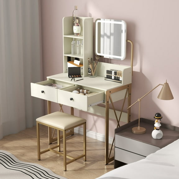 Manora Makeup Vanity Desk with Mirror and Lights, X Shaped Makeup Vanity Set with Drawers for Bedroom White & Gold