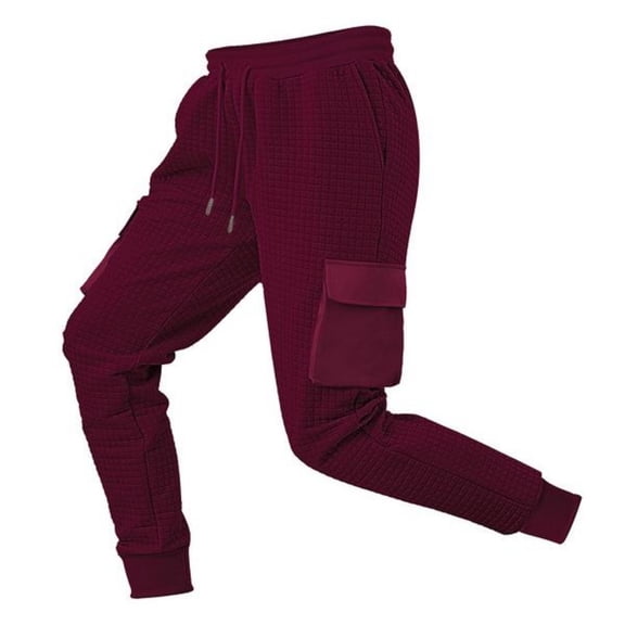 Mans Cargo Pants Solid Color Drawstring Waterproof Pocket Pants Burgundy