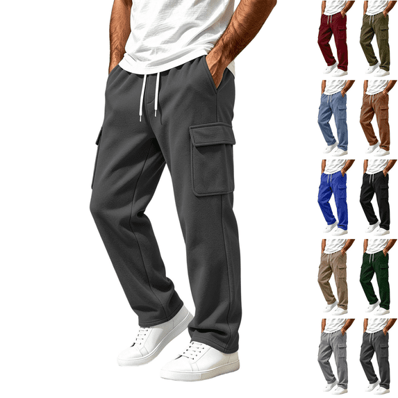 Mans Fleece Cargo Sweatpants Solid Color Baggy Straight Wide Leg Pant Lightweight Athletic Open Bottom sweat pants with Pockets