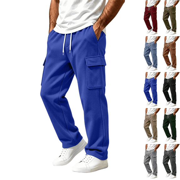 Mans Fleece Cargo Sweatpants Solid Color Baggy Straight Wide Leg Pant Lightweight Athletic Open Bottom sweat pants with Pockets