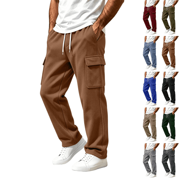 Mans Fleece Cargo Sweatpants Solid Color Baggy Straight Wide Leg Pant Lightweight Athletic Open Bottom sweat pants with Pockets