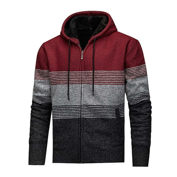 Mans Hooded Cardigan Striped Color Block Sweater Zip Up Long Sleeve Knit Jacket Thickened Fleece-Lined Outwear Red M