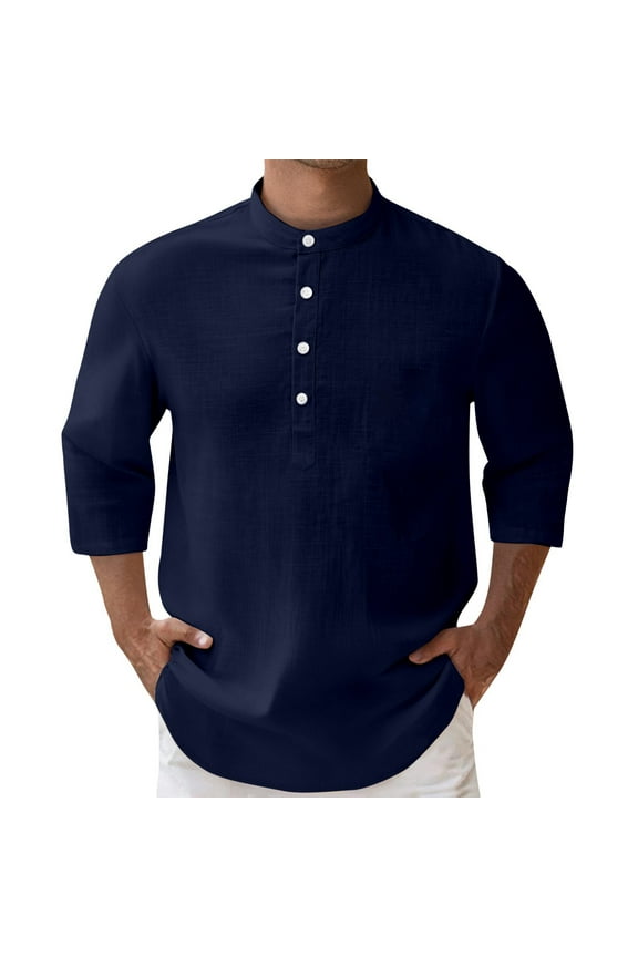 Mans Long Sleeve Shirt, Linen Shirts for Men Casual Button Down 3/4 Sleeve Regular-Fit Henley Shirts Summer Band Collar Hawaiian Beach Tops