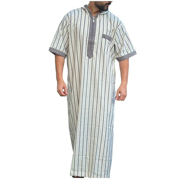 Mans Long Sleeve Shirt, Men Islamic Arabic Kaftan, Striped Short Sleeve Casual Zipper Pockets Muslim Robes, Cotton Saudi Arabia Jubba Thobe