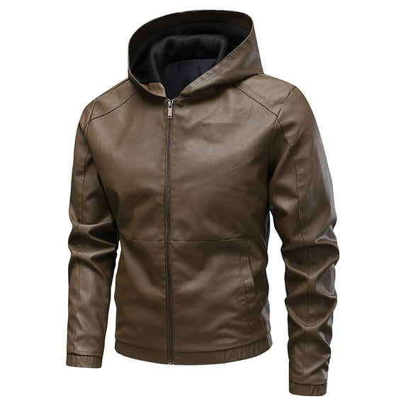 Mans Long Sleeve Shirt, Men's Faux Leather Jacket Motorcycle Jacket Waterproof Windproof PU Moto Vintage Bomber Hoodie with Hood