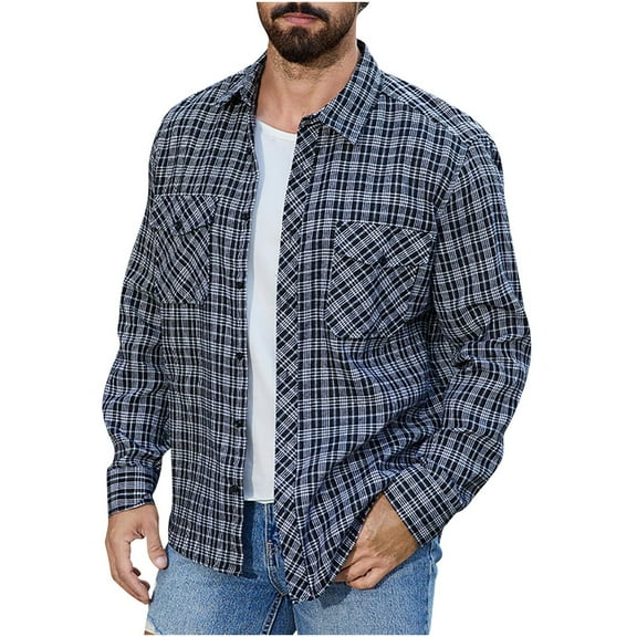 Mans Long Sleeve Shirt, Mens Long Sleeve 2 Pocket Plaid Woven Western Shirt Lightweight Long Sleeve Lapel Jackets Trendy Curved Hem Tops