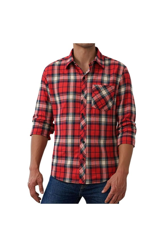 Mans Long Sleeve Shirt, Plaid Shirt for Men Long Sleeve Casual Button Down Flannel Shirt with Pocket Lightweight Checked Shirts Work Outdoor