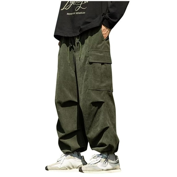 Mans Winter Pants Cargo Velvet Pockets Elastic Waist High Waist Straight-Leg Workwear Pants B-Olive Green