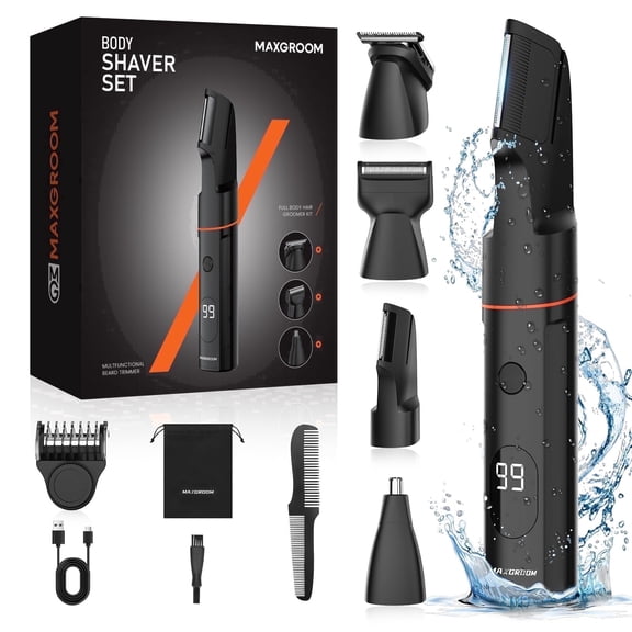 Manscape Body Hair Trimmer for Men, Waterproof Pubic, Groin & Ball Shaver, 4 in 1 V-Shaped No-Nick Mens Electric Grooming Kit with LED Display, USB Rechargeable, Adjustable Guide Comb