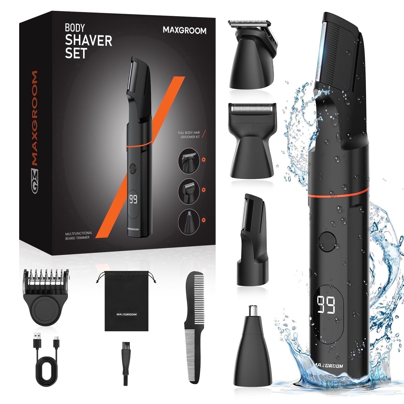 Manscape Body Hair Trimmer for Men, Waterproof Pubic, Groin & Ball Shaver, 4 in 1 V-Shaped No-Nick Mens Electric Grooming Kit with LED Display, USB Rechargeable, Adjustable Guide Comb