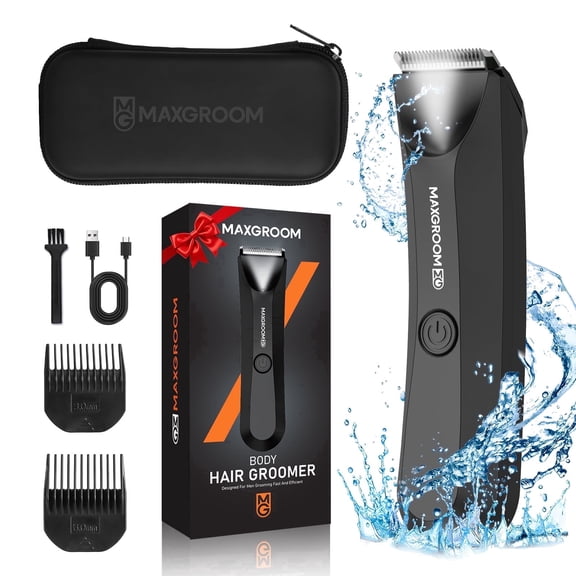 Manscape Body Hair Trimmer for men - Electric Groin Ball Shaver with LED Light, IPX7 Waterproof Ceramic Blade Pubic Hair Groomer, 100Min Rechargeable for 120Min Runtime, 2 Combs, Travel Pouch