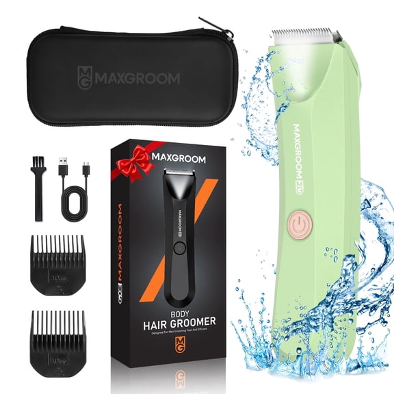 Manscape Body Hair Trimmer for men - Electric Groin Ball Shaver with LED Light, IPX7 Waterproof Ceramic Blade Pubic Hair Groomer, 100Min Rechargeable for 120Min Runtime, Travel PouchGreen, 2 Combs
