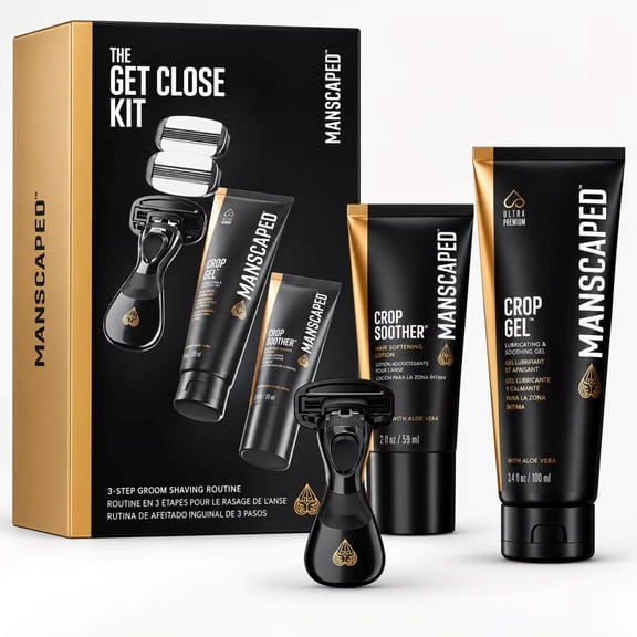 MANSCAPED Get Close Kit for Men, 3-Step Shaving Routine with Crop Gel, Crop Soother Aftershave Lotion & 2 Replacement Blades, with Storage Case