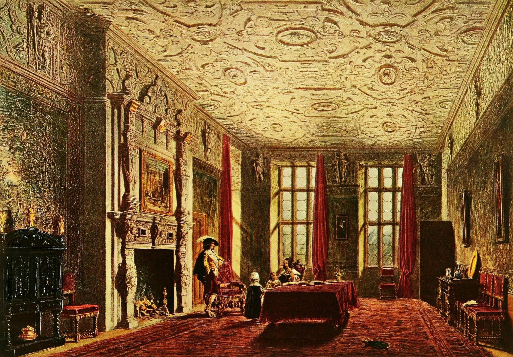 Mansions of England 1912 Aston Hall drawing room Canvas Art - Joseph Nash (24 x 36)