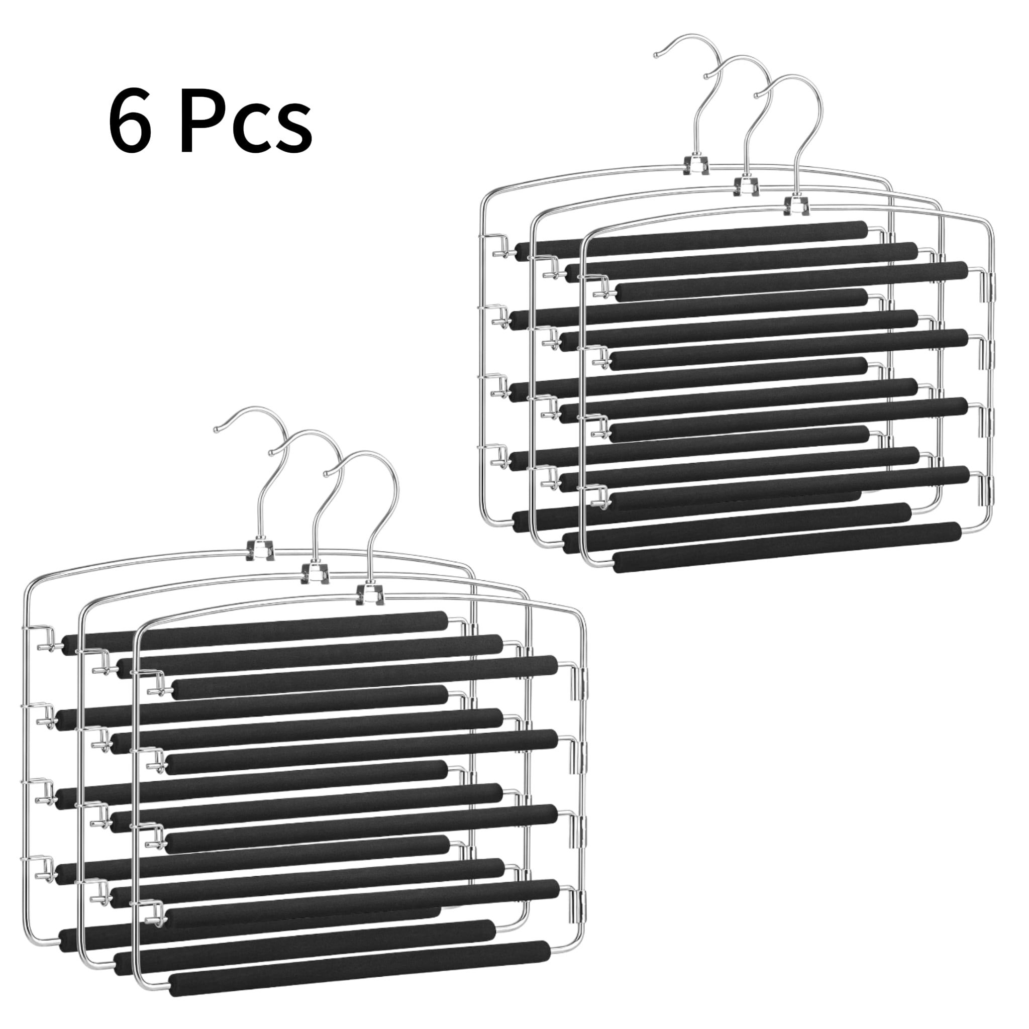 Manss Black Pants Hangers Non Slip 6 Pack Space Saving Hangers Multi-Layer Swing Arm Pants Hanger Stainless Steel Space Saver Hanger for Jeans Scarf Trouser Towel Clothes