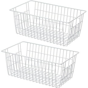 Manss Metal Wire Storage Baskets, Small Freezer Refrigerator Organizer Bins, Home Office Shelf Freezer Storage, Closets Organization Rack with Handles, Set of 2, White