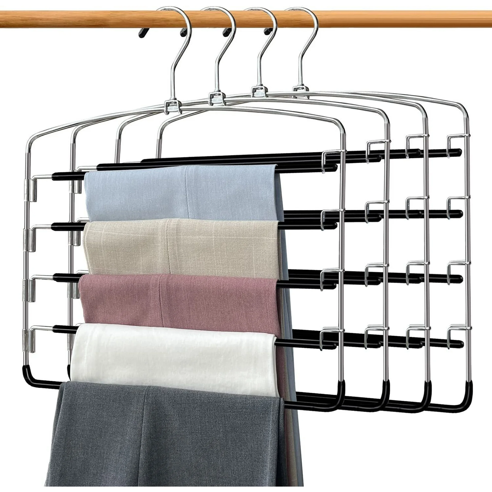 Manss Pants Hangers, Set of 4, 5 Tiers Non-Slip Skirt Hangers, Clothes Hangers with Swing Arm,Space Saving Pants Organizers, for Closet,Black