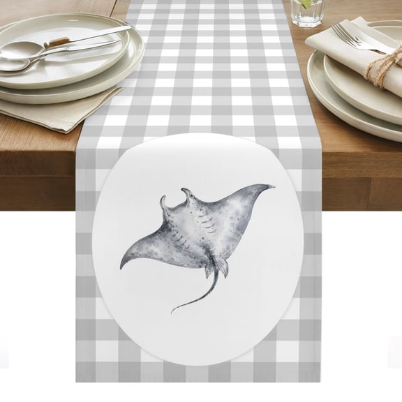 Manta Ray Cotton Linen Table Runner Gray Plaid Modern Funny Animal Dining Table Runners for Home Decor Party Dining Room Restaurant Kitchen Party 13" x 36"