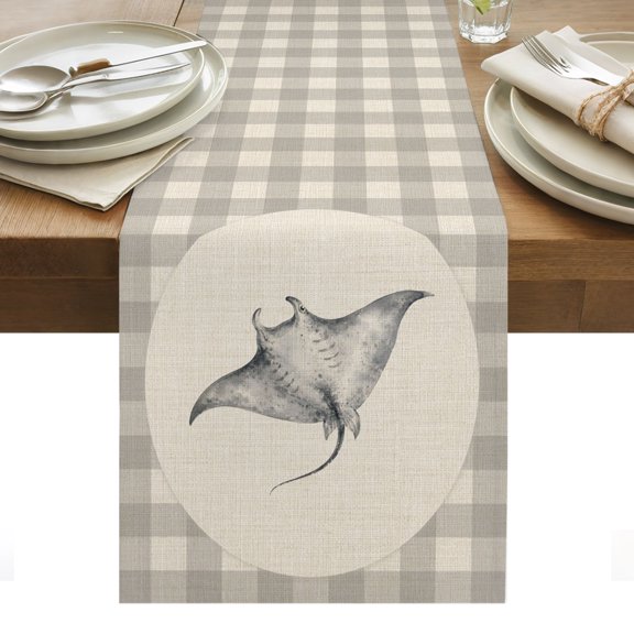 Manta Ray Cotton Linen Table Runner Gray Plaid Modern Funny Animal Rustic Dining Table Runners for Home Decor Party Dining Room Restaurant Kitchen Party 13" x 36"