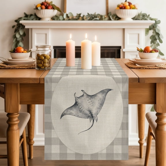 Manta Ray Dining Table Runner, Gray Plaid Modern Funny Animal Rustic Washable Table Runners Kitchen Coffee Table Center Decor for Home Party Holiday Wedding 13 x 36 Inches